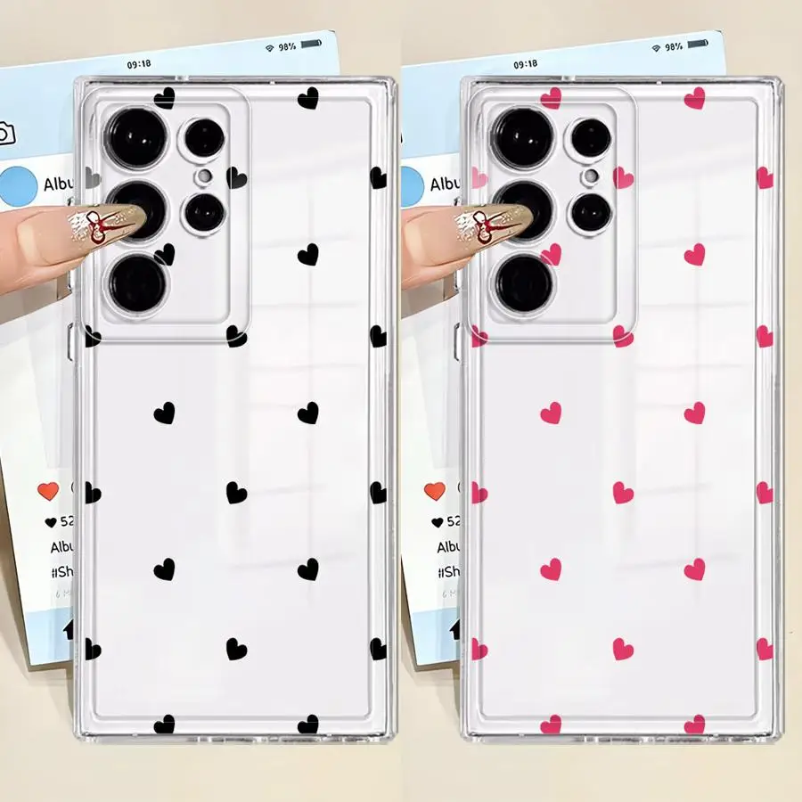 Black Love Heart Soft Cover Phone Case for Samsung Galaxy Note 10 20 Ultra S22 S20 S24 FE S25 Ultra S21 S10 Plus S23