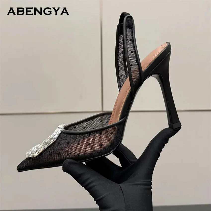 

Summer Sexy Lace High Heels Shoes Women Pointy Toe Crystal Slingbacks Dress Shoes Designer Fashion Party Wedding Shoes For Woman