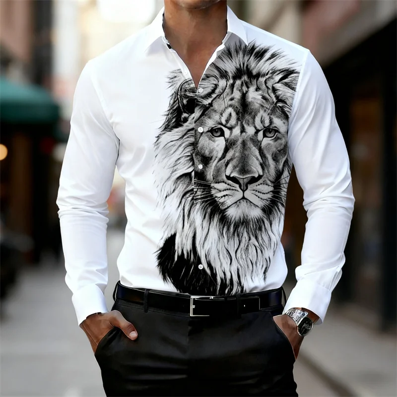 

Мужская рубашка с длинными рукавами и принтом головы льва, воротник, стильная и повседневная весна и осень, в наличии в течение 13 цветов.
