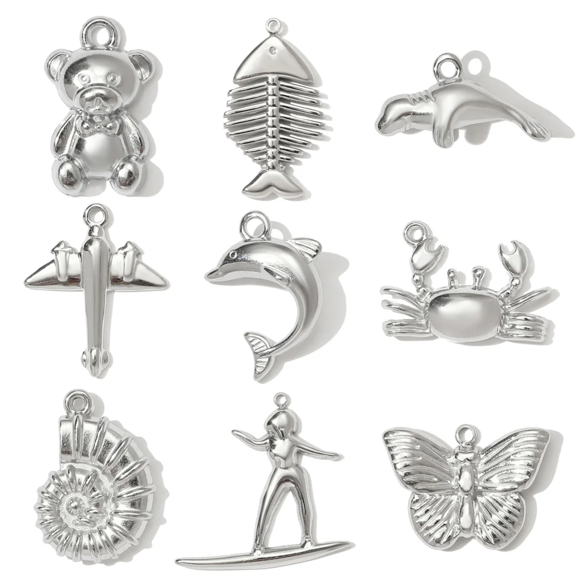 3pcs/Lot Vnistar Stainless Steel Dolphin Crab Shell DIY Charm Mirror PolishBear Plane Necklace Pendant Women Surfer Jewelry - view 2