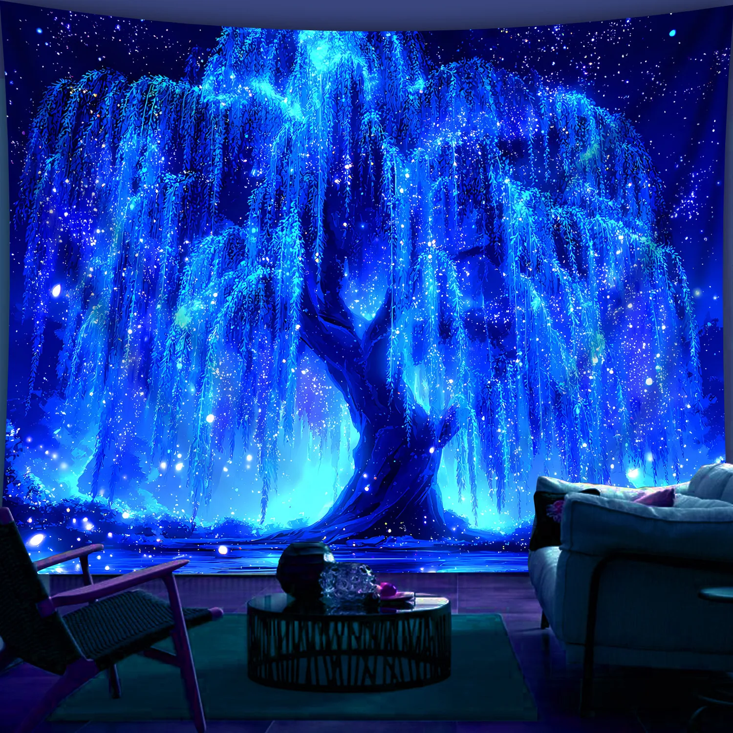 VIKAMA Magical Blue Glowing Weeping Willow Tapestry Galaxy Night Sky Wall Hanging for Bedroom Aesthetic Decor