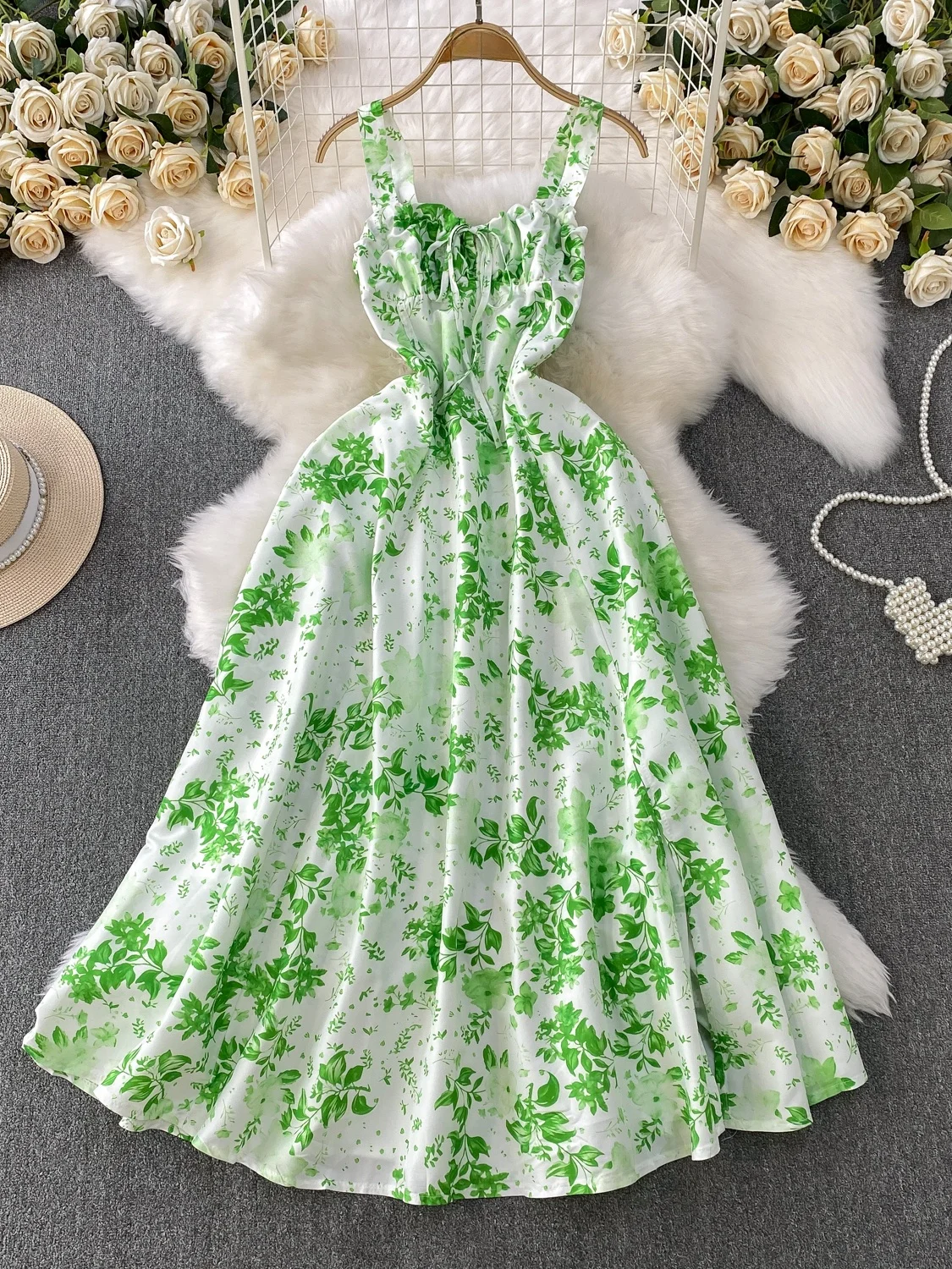 Coreano Sle Sweet een Stampa floreale V-Ne Strapl Dr Gonna lunga snellente estiva da donna a vita alta A-Line Midi Dr