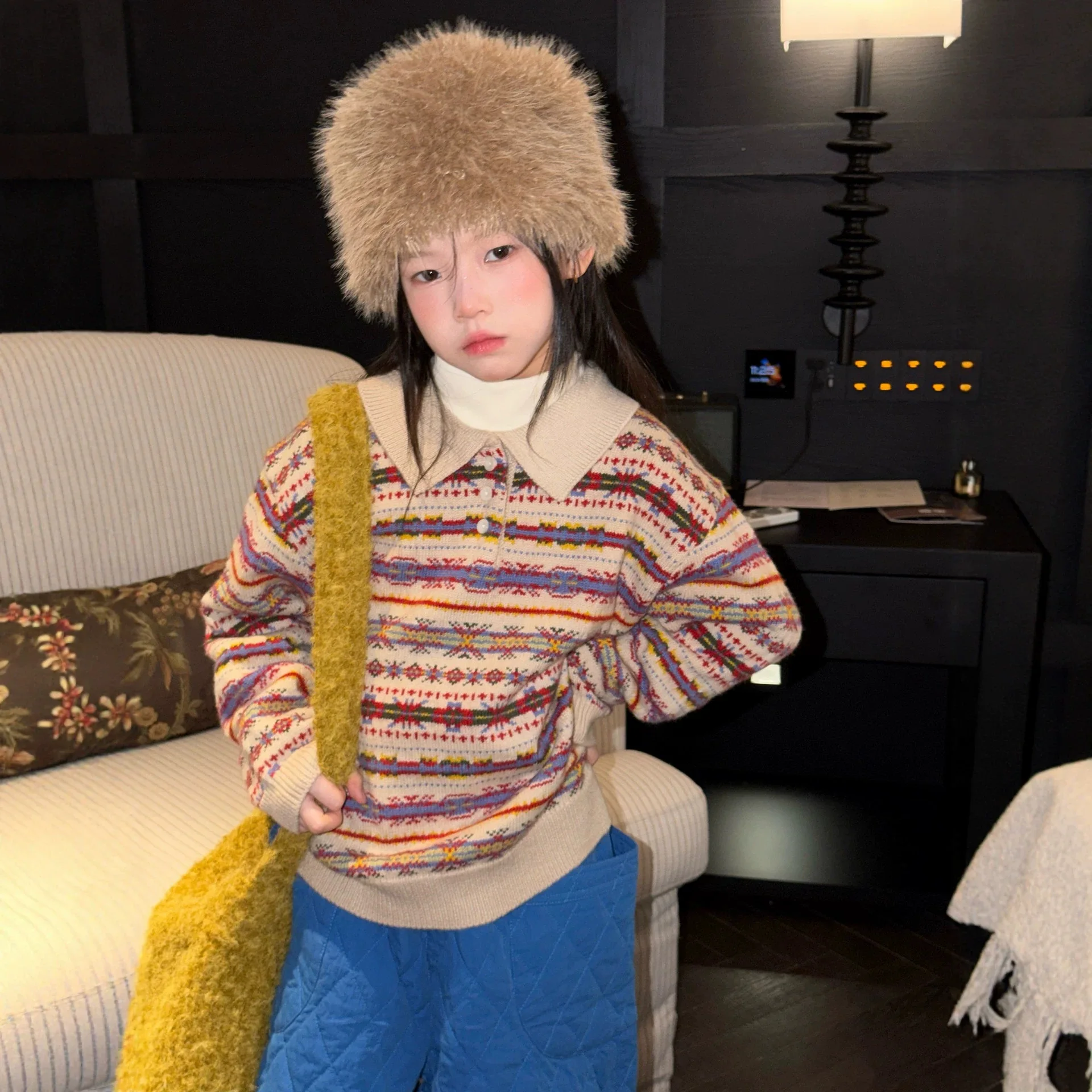 2026 Winter New Children's Retro Fer Island Collar Sweater, Girls' Atmosphere Striped Knitted Sweater