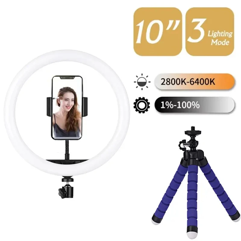 Anillo de luz LED para fotografía, iluminación ajustable, luz de anillo para teléfono con soporte de trípode de 20cm, lámpara de relleno redonda USB para vídeo de teléfono en vivo