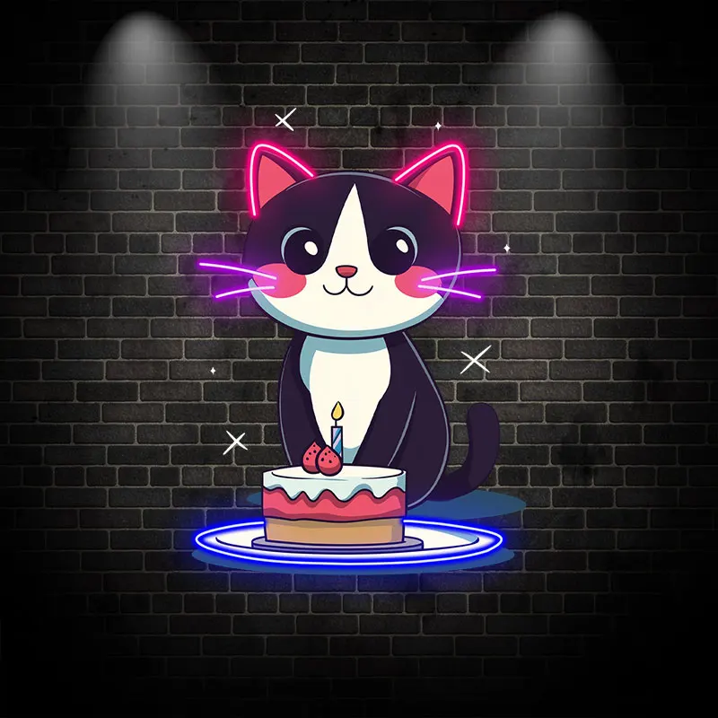 Adorable Cat Birthday Neon Sign with Cake - Fun LED Light for Kids Party, Animal Lovers and Home Decor - Cute Wall Art Kids Gift