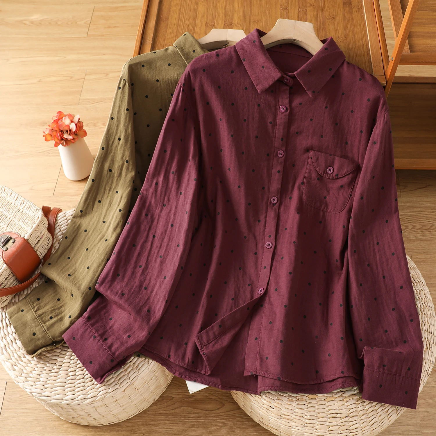 Fre Sle Double Layered irt Women's Long Sve Cotton Linen Blend Polka Dot Button up Casual Artistic Spring Autumn Top