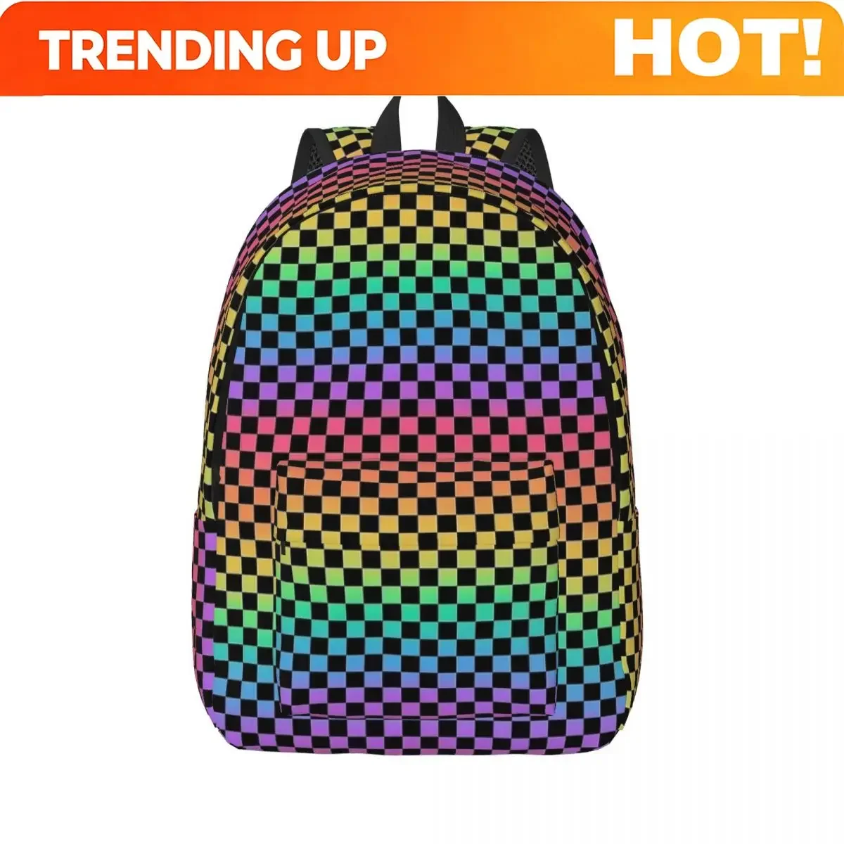 Custom Bag Rainbow And Black Checkerboard Backpack For Men Women Casual High School Work Daypack Neon Colorful College Shoulder