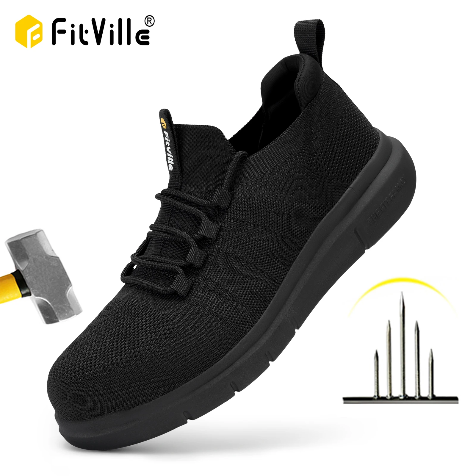 Fitboutique-Sapatos de trabalho leves masculinos, sapatos de segurança extra largos, antiderrapantes, à prova de perfurações, adequados para pés inchados, apoio do arco