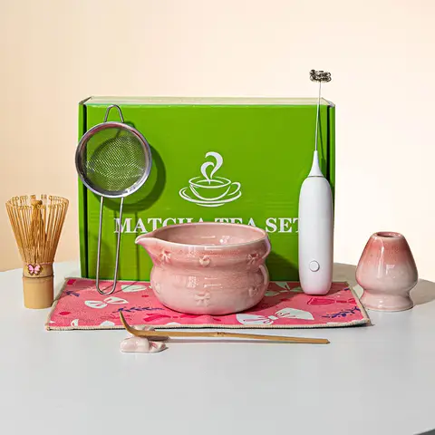 Japanese Matcha Tea Set 8pcs Ceramic Bowl Bamboo Whisk Spoon Electric Brush Complete Matcha Starter Kit for Tea Ceremony