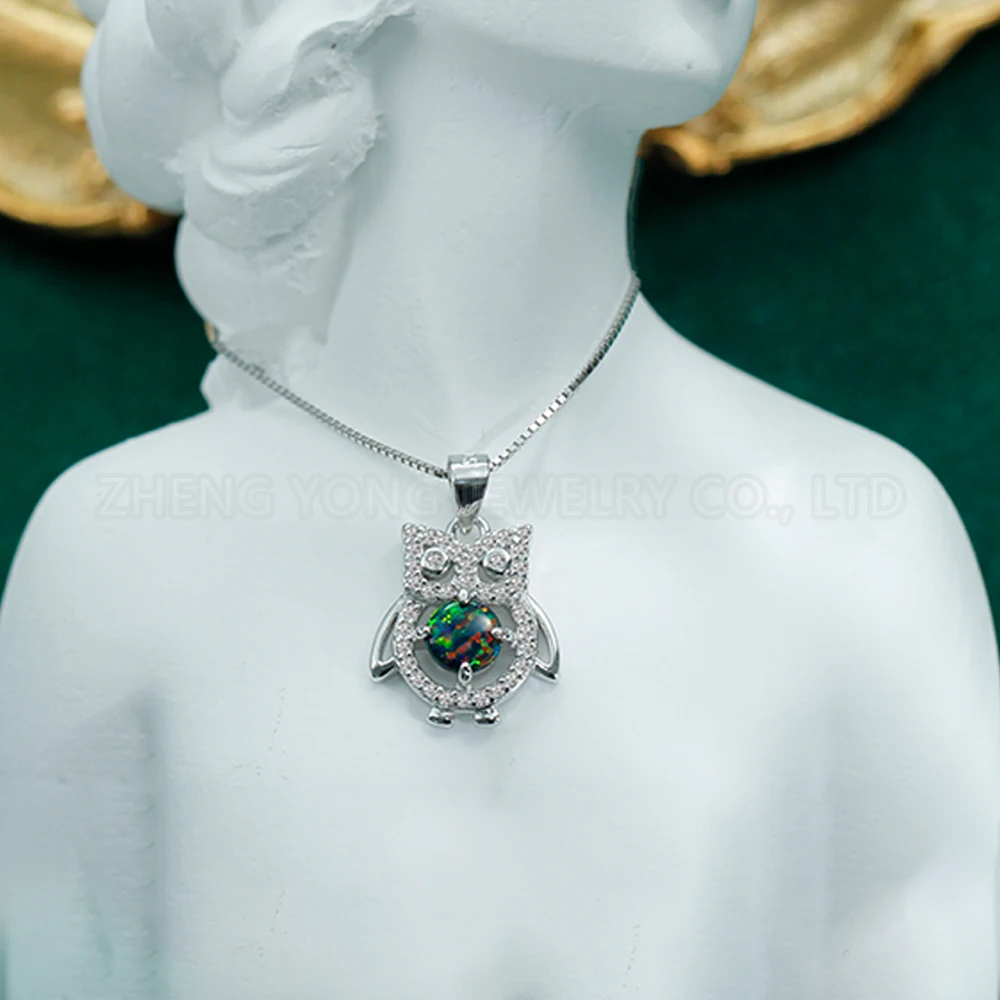 Liontin hewan burung hantu lucu 925 Sterling Silver Opal batu bulat membuat liontin perhiasan