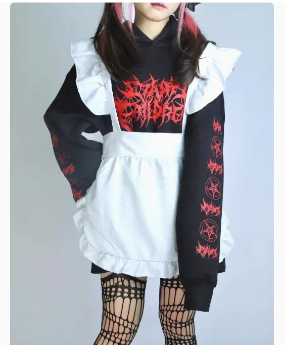 Japanese Subculture Gothic Mine Punk Black and White Fleece Hoodies Women's Autumn and Winter Velvet Padded Hooded Sweatshirt