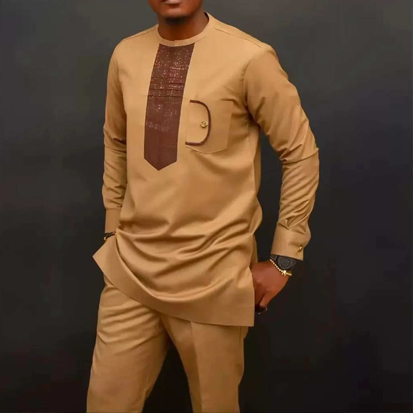 Dashiki الأفريقية الرجال دعوى طويلة الأكمام المطرزة قميص وسراويل 2 قطعة مجموعة قفطان احتفالي حفل زفاف الملابس التقليدية #5