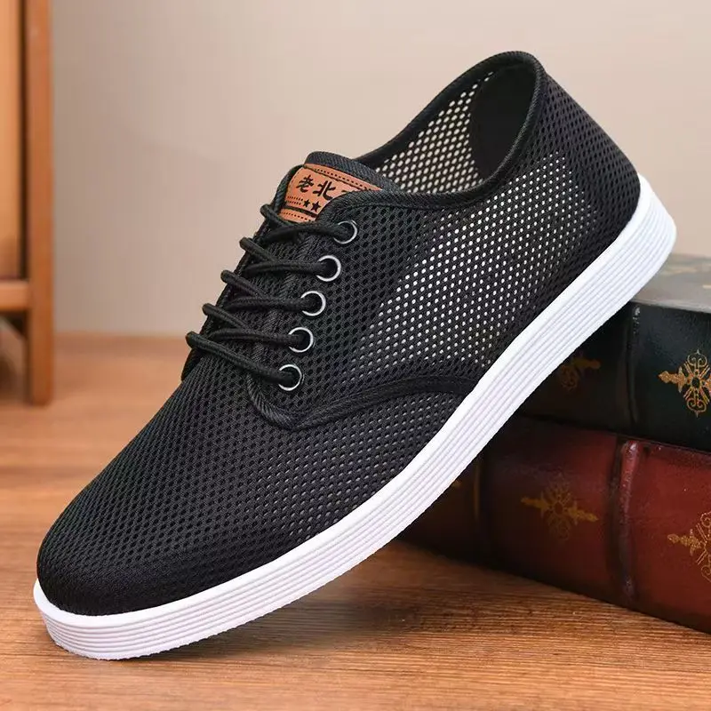 

Men's Summer New Mesh Casual Shoes Soft Sole Non Slip Round Toe Breathable Lace Up Lightweight Anti Odor Elderly Walking Shoes