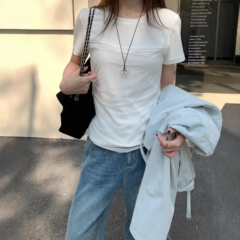 2026 Summer Solid Color Hot Selling Item Waist Cinching Design Pleated Shoulder Short Sleeved T-shirt for Women