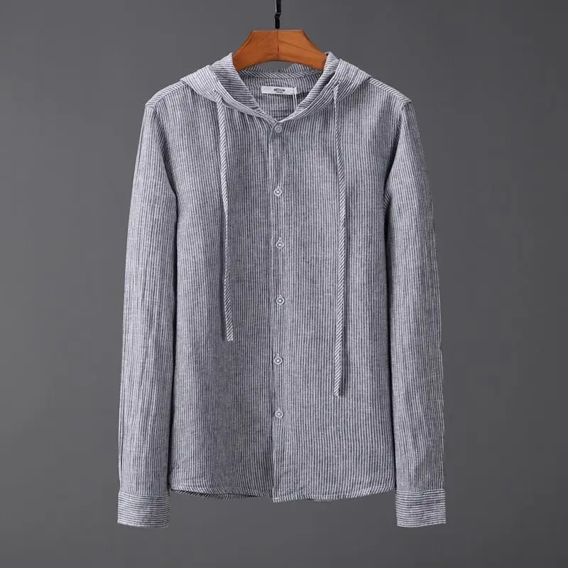 Spring and Summer Hooded Tether Thin Loose Long Sleeve Solid Color Men Shirt Breathable Top