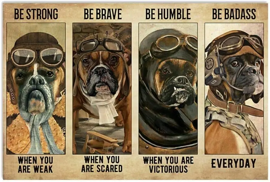 Aluminium Metal Tin Sign Retro Boxer Pilot Dog Be Strong Be Brave Be Humble Be Badass Dog Funny Home Cave Garage Bar Wall Decora