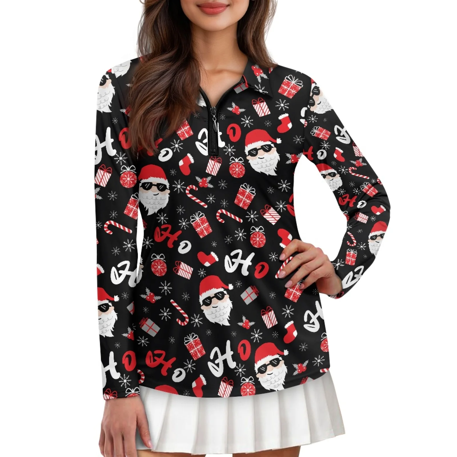 PENSTROLL Womens Quick Dry Activewear Top Soft Golf Outfits with Santa Pattern, Slim Fit for Fall Workout and Holiday Sports