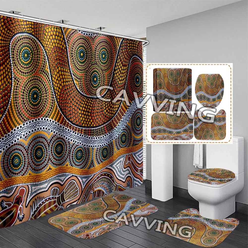 Australia Indigenous Painting Art 3D Print Shower Curtain Waterproof Bathroom Curtain Anti-slip Bath Mat Set Toilet Rug Carpet