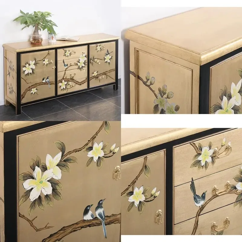 Chinese Hand Painted Solid Wood Antique Sideboard Eco Friendly Durable Cabinet with Gold Foil Decoration for Living Room