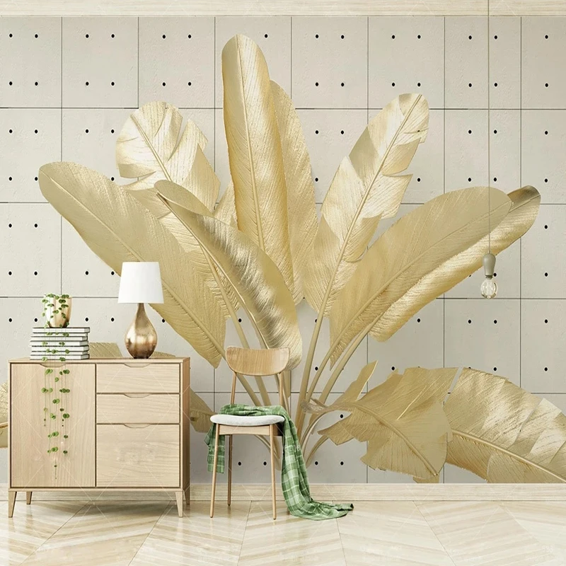 

Modern Wallpaper Embossed Golden Banana Leaves 3D Square Tile Photo Mural Paper Bedroom TV Backgdrop Wall Decor Home Improvement