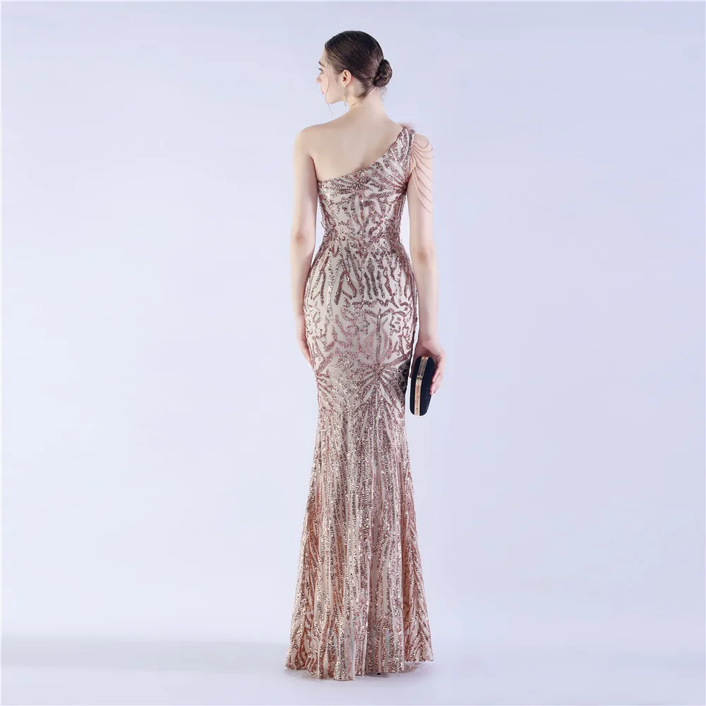 DEERVEADO 10 Colors Elegant Mermaid Slit One Shoulder Sequins Evening Dresses with Feathers Graduation Prom Party Dresses Long
