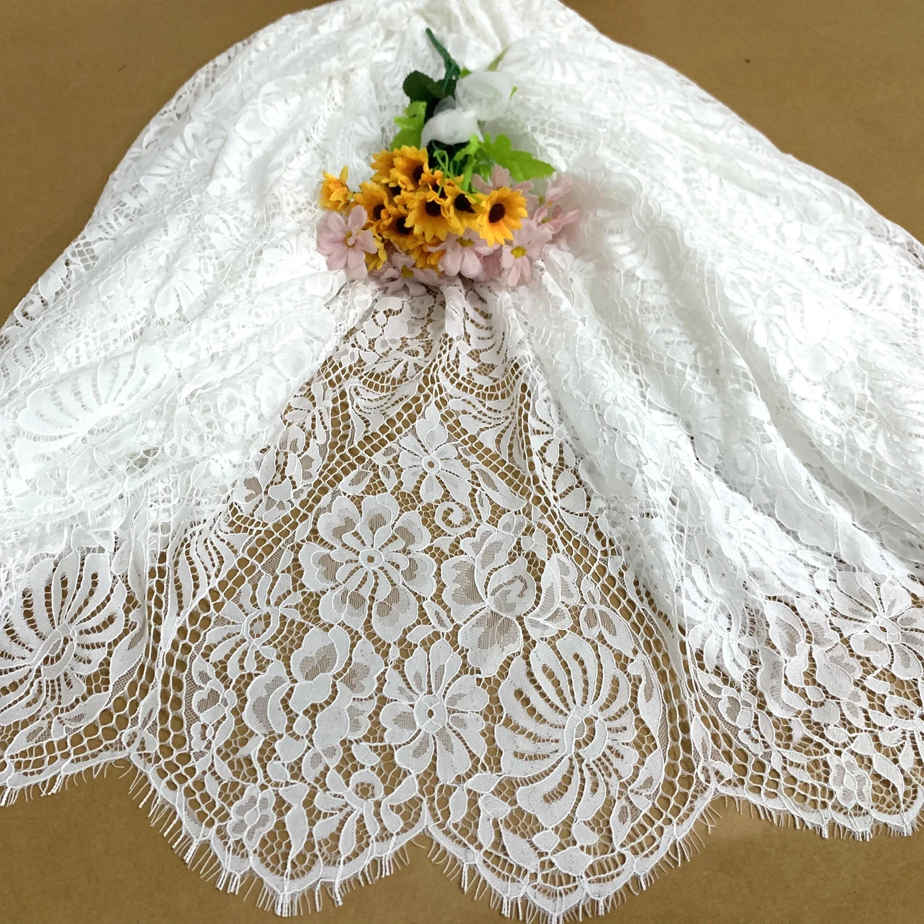 Off White Dress Gown Sewing Material 2023 NEW Big Heart Shape NEW Eyelash Lace Fabric 3 Meters Long per Piece