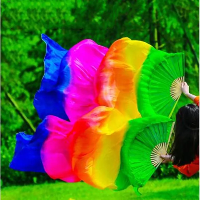 Wholesale Real Silk Bellydance Fan Veils One Pair Rainbow Gradient Dancer Performance Show Props Costume Accessory 120cm 180cm