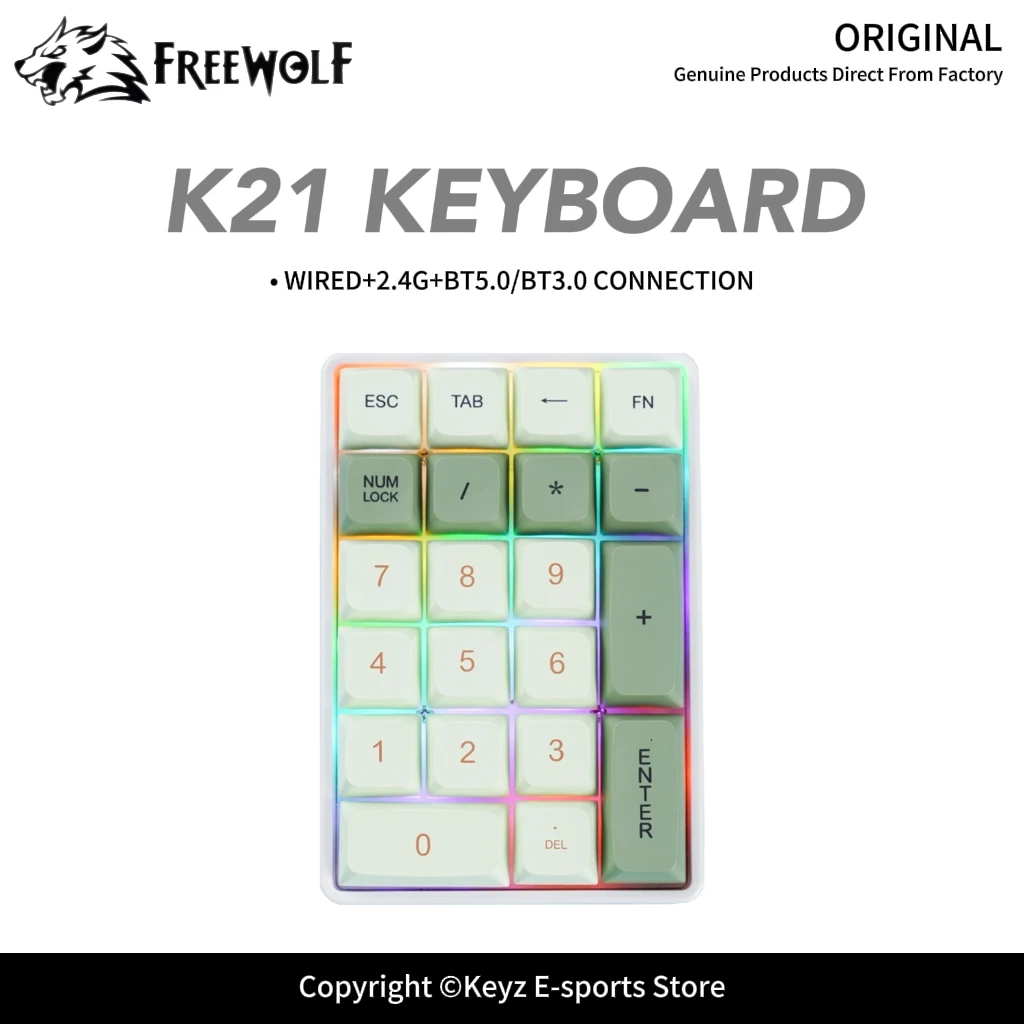 Mini Teclado Numérico Digital de 21 Teclas FREEWOLF K21 con Retroiluminación RGB de Tres Modos para Oficina, Finanzas y Contabilidad