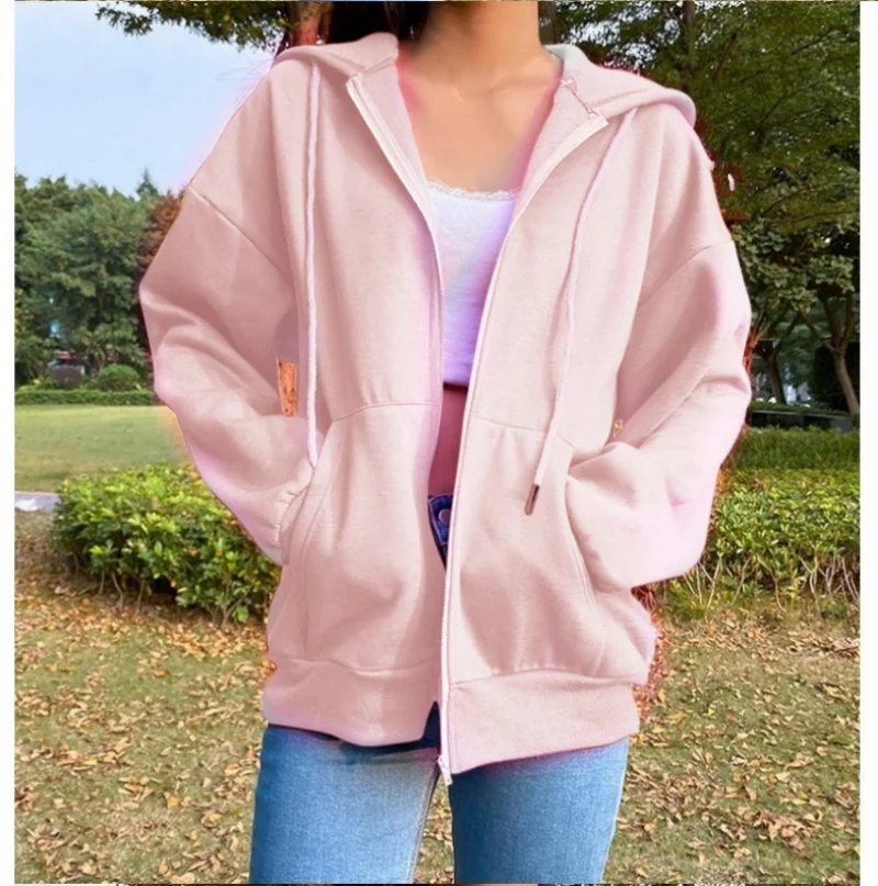 Women Fashion Solid Color Hoodies Elegant Long Sleeve Zipper Drawstring Chic Sweatshirt Casual Communte Holiday Pocket Hooded