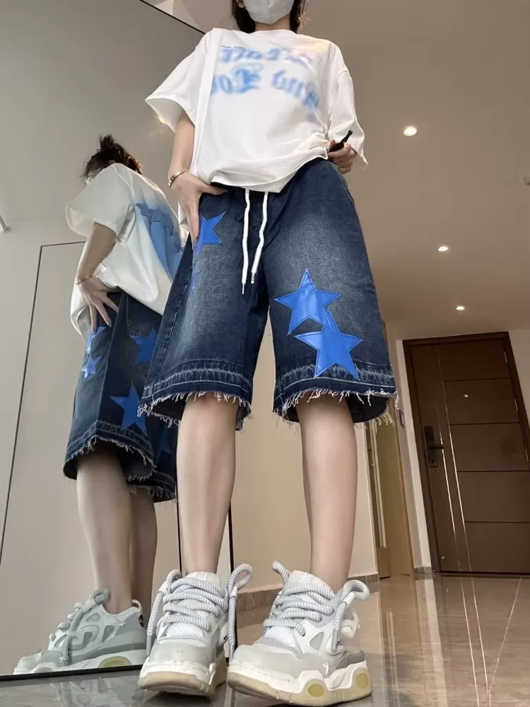 American Style Star Patch Embroidered Jeans Vintage High Waist Denim Shorts For Women 2025 Summer New Five-point Pants