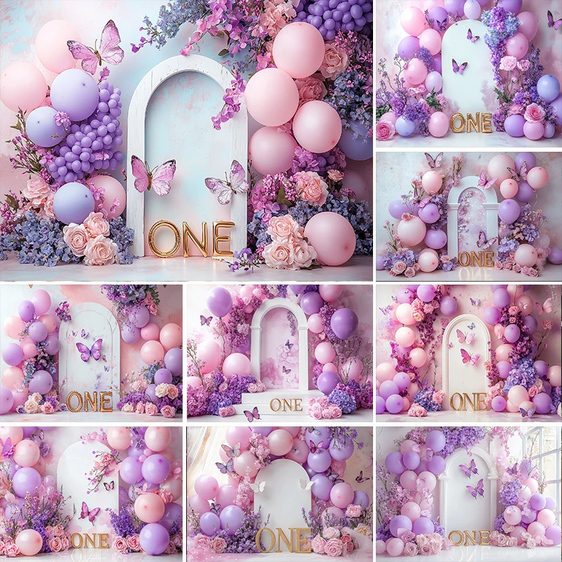 

LS Photography Background Pink Purple Floral Balloon Butterfly 1st Birthday Cake Smash Kids Portrait Photo Backdrop Studio