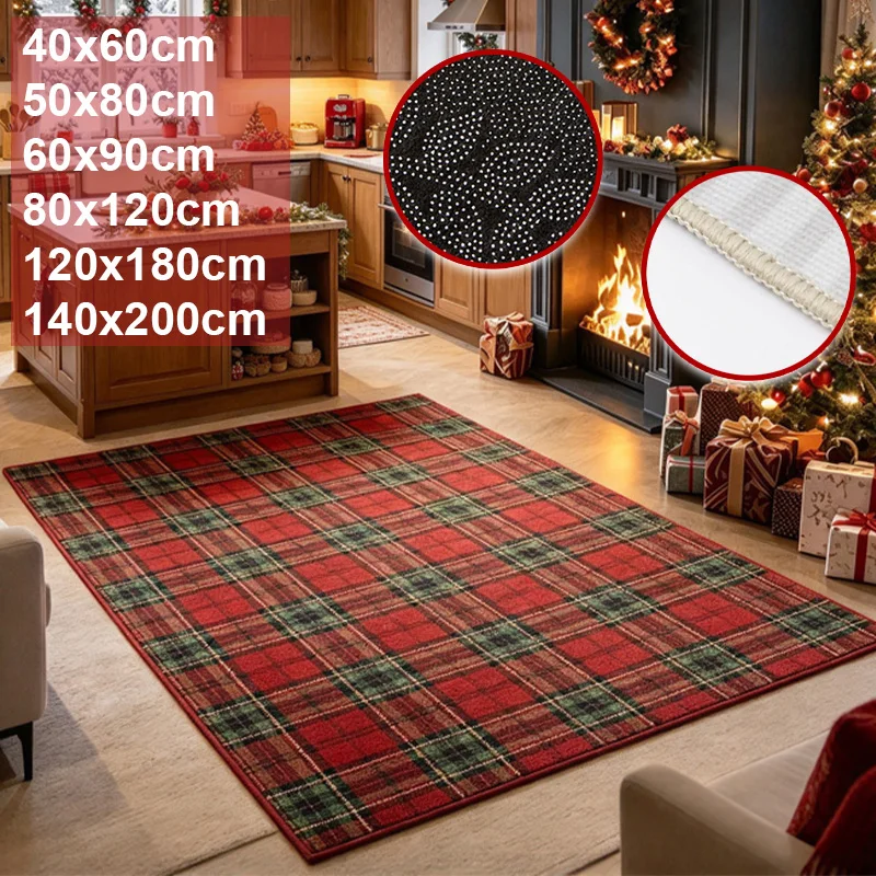 Christmas Tartan Plaid Area Rug with Non Slip Backing Lockstitch Edge Holiday Floor Mat for Living Room Bedroom Kitchen Entryway