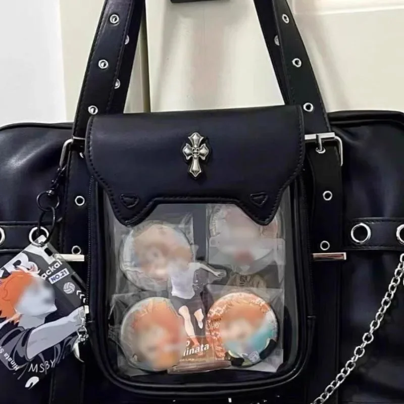 Tas Ransel Hitam Harajuku untuk Wanita, Tas Tangan Transparan Kapasitas Besar yang Manis dan Keren, Tas Ransel Wanita Jepang Y2k yang Chic, Bolsas