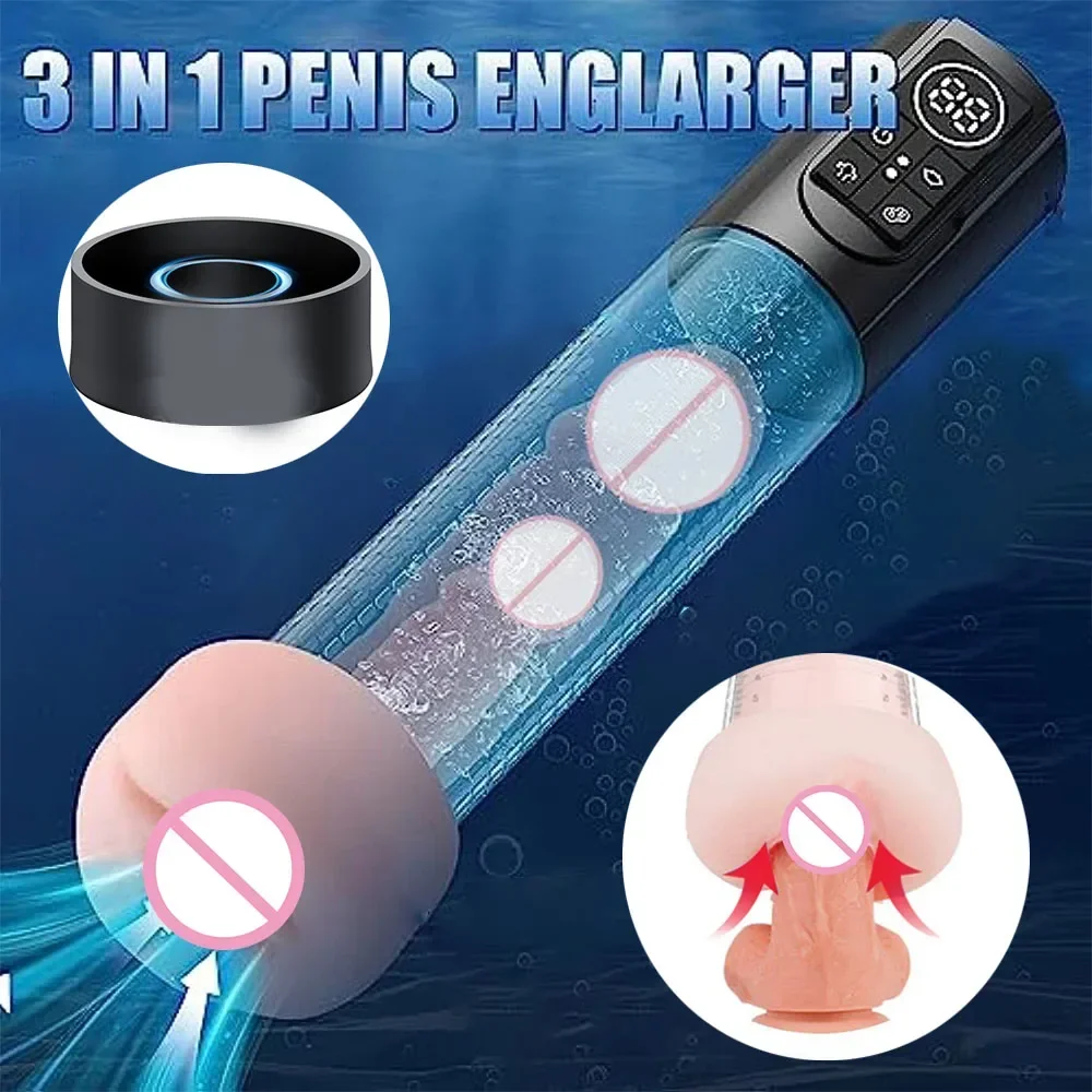 Electric LCD 3 In 1 Electric Penis Pump Penis Enlargement Extend Pump Penis Trainer Male Masturbators G Spot Ejaculation Delay