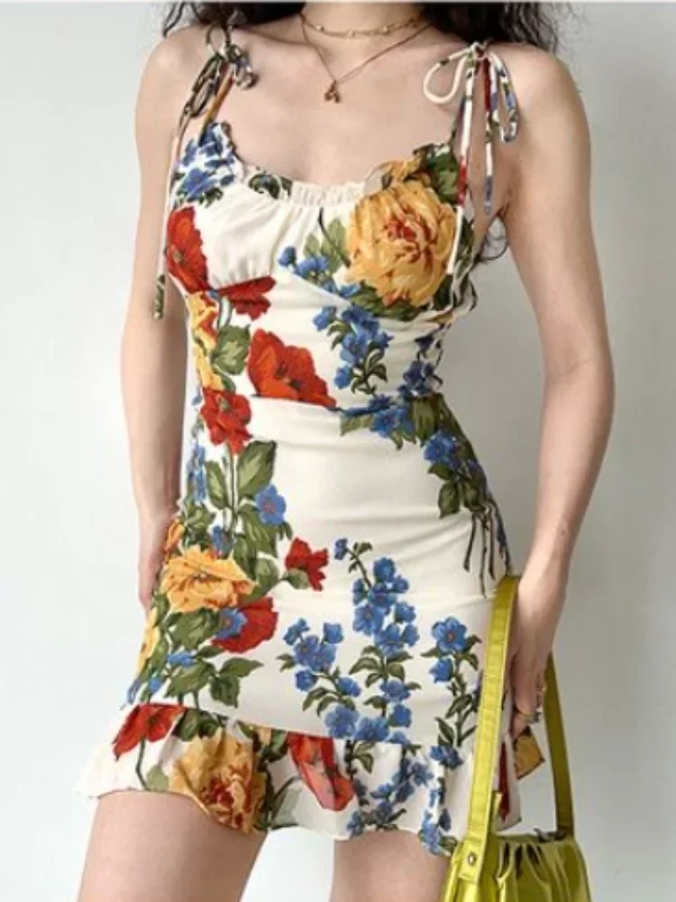 Women's Dresses Oil Painting Printed Camisole Dress Summer O-Neck Backless Pleated Hem Waist A-Line Women's Camisole Dress