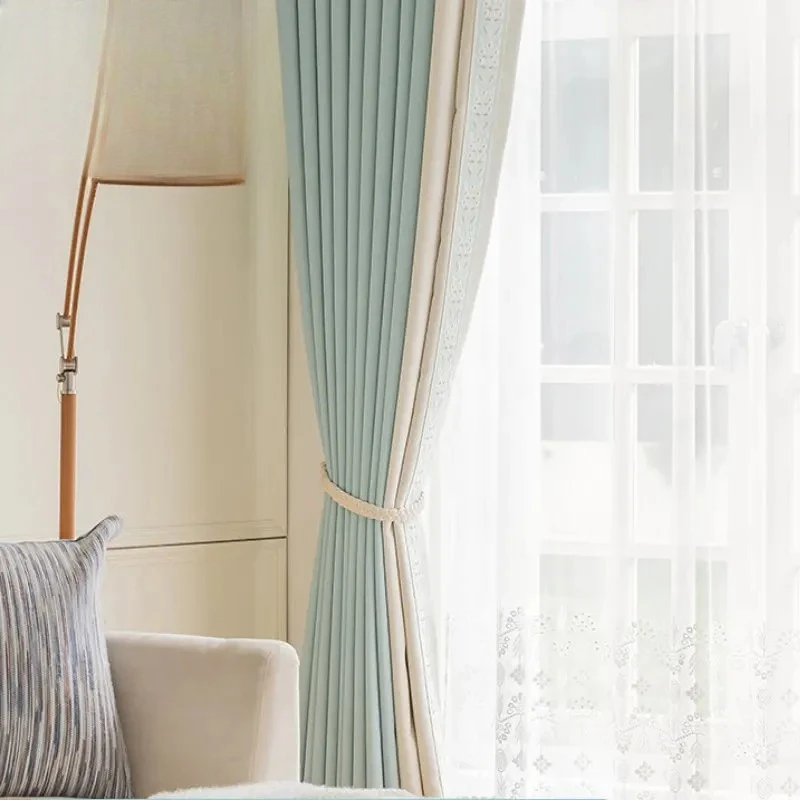 French-style Curtains for Living Dining Room Bedroom Beige and Blue Thickened Fabric Suitable for Study Rooms Customizable
