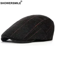 SHOWERSMILE Grey Plaid Beret Hat Men Wool Herringbone Tweed Duckbill Hat Male Warm Caps Classic Autumn Winter Flat Caps British