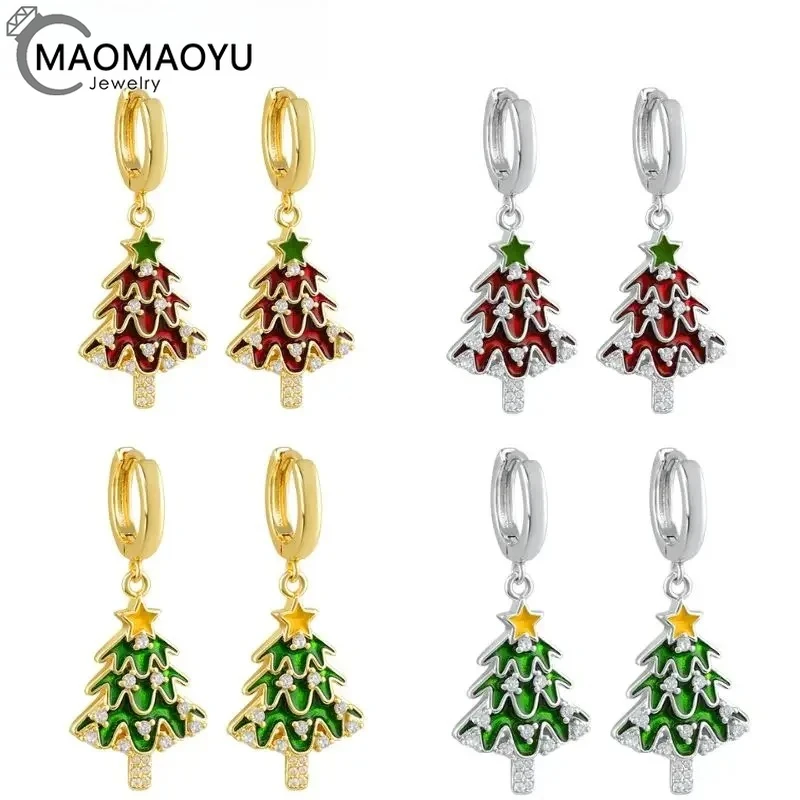 

925 Sterling Silver Needle Women's Autumn and Winter Fashion Trend Design Zircon Christmas Tree Pendant Earrings Jewelry Gift