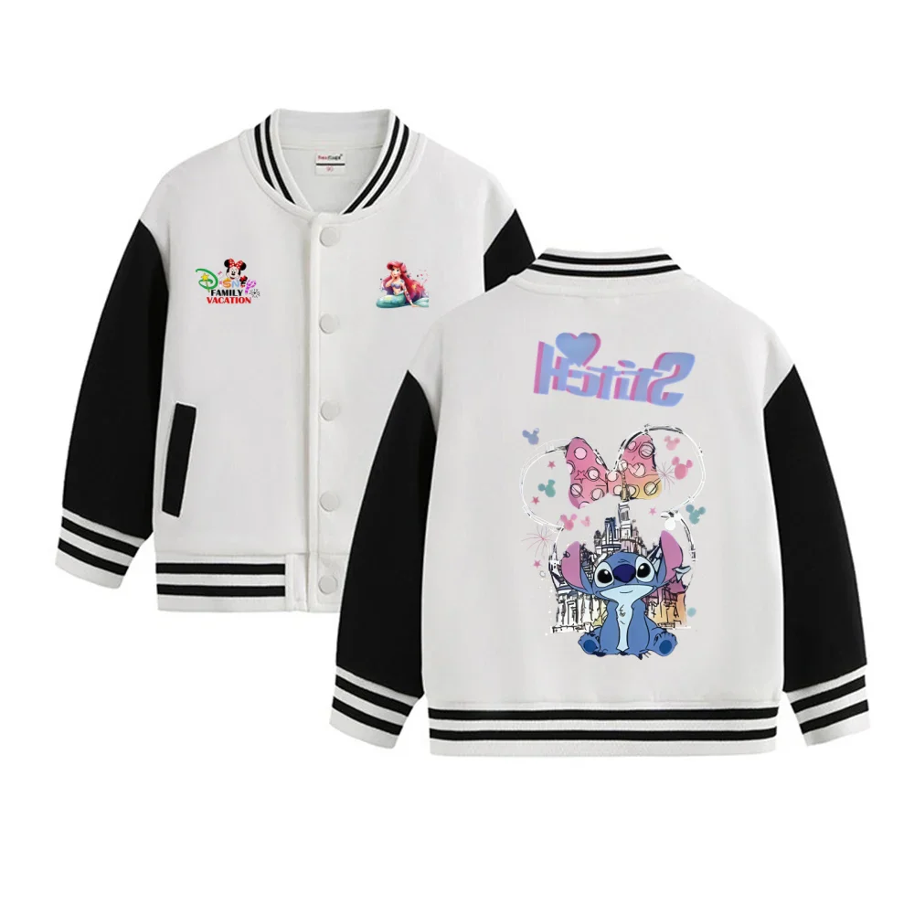 Disney Stitch Kids Varsity Jacket Cute Cartoon Print Baseball Jacket for Girls Boys Casual Windproof Coat Spring Autumn Outerwea