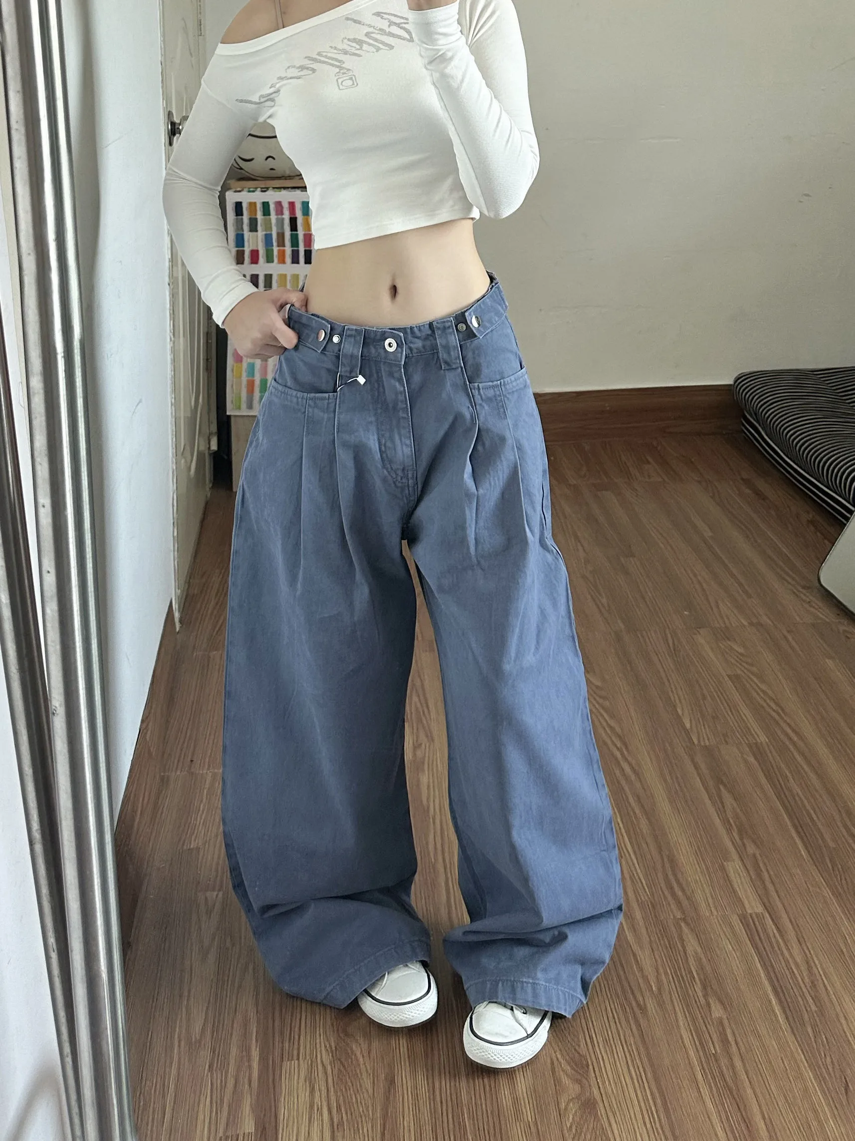 Adjustable Waist Wide Leg Jeans Unisex Casual Straight Leg Trousers Autumn 2026 Fashionable Versatile Men's Loose Fit Denim