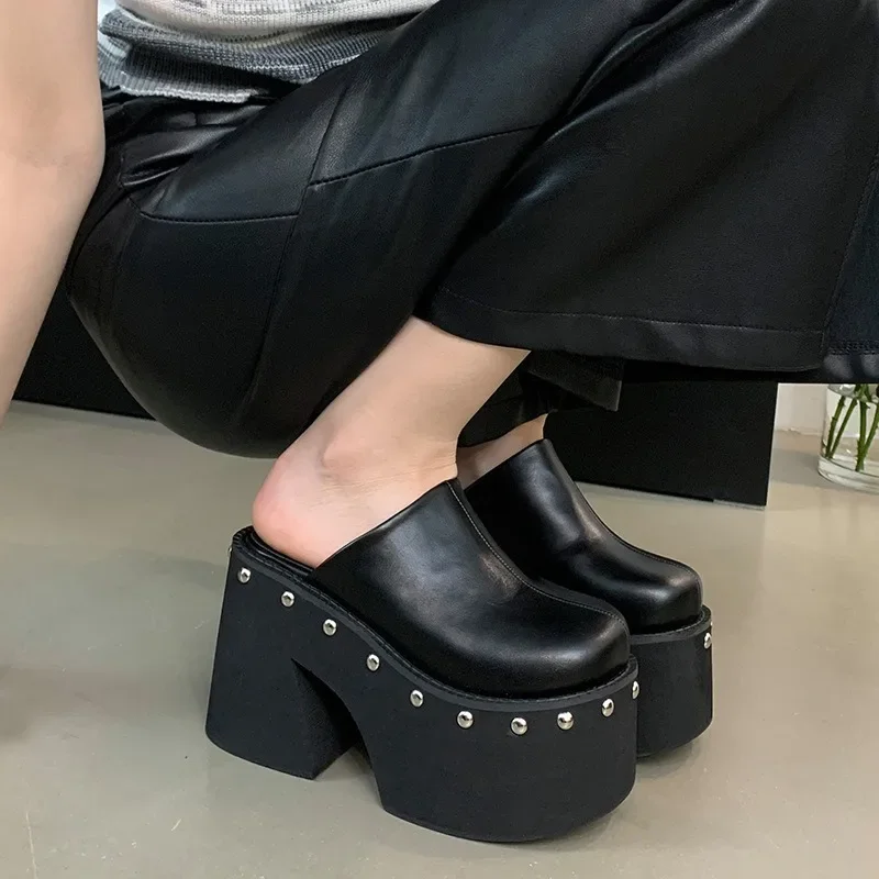 11cm PU Leather Women Fashion High Heels Pumps Platform Wedge Summer Black Round Big Toe Ladies Sandals Big Size Slippers Shoes