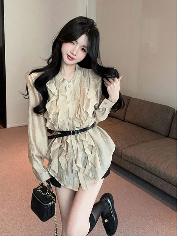 

Elegant Loose Long Sleeve Shirt Women's Fashion Spring Gentle Waist Cinching Slimming Layered Lace Trim Blouse Casual Wear