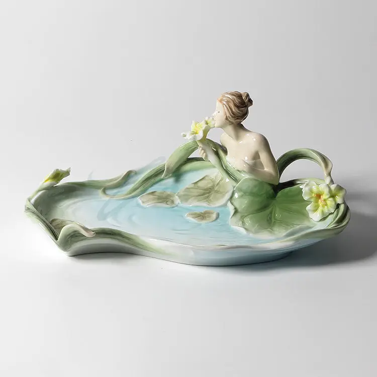 Glazed Porcelain Water Lily Lady Figurine Storage Tray Lotus Leaf Shape Catchall Dish For Jewelry Keys Candies Vanity Decoration