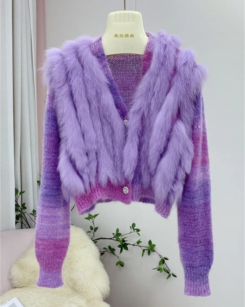 

Women Real Fox Fur Oversize Loose Autumn Fox Fur Strip Sewed Together Outside Decoration Lady's Fashion Sweater Coat Fur Jacket