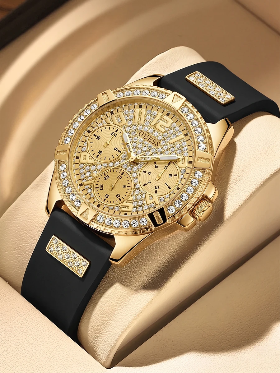 Reloj GUESS para mujer, esfera con pavé de cristal dorado, correa de silicona negra, reloj de cuarzo multifunción, reloj de pulsera para fiesta y noche, regalo para damas