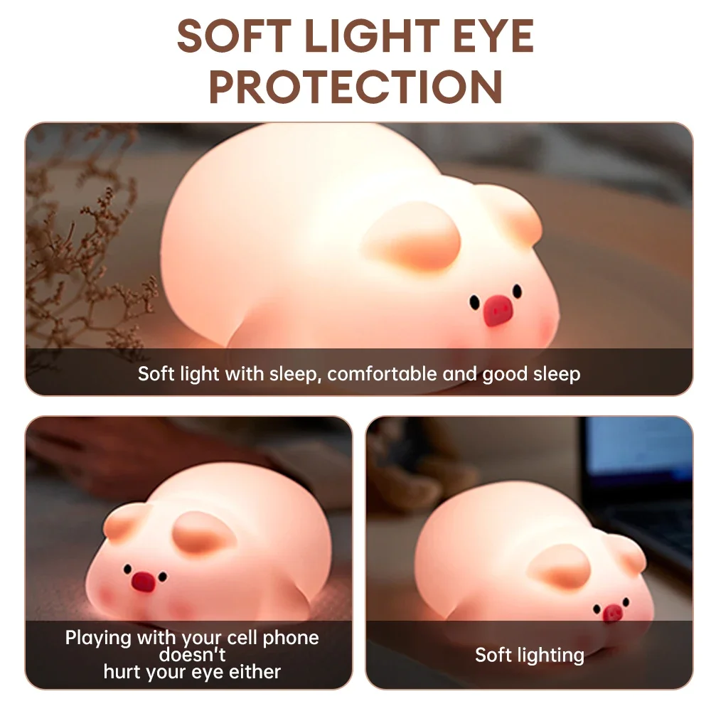 Piggy Rabbit Night Light Silicone Lamp Touch Sensor Night Lamp USB Timing Children Kids Bedside Bedroom Decor Birthday Gift