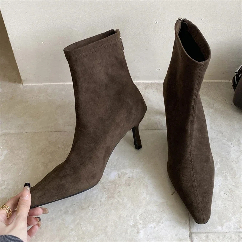 

Aneikeh/уличный стиль, женские ботильоны с острым носком, модная обувь на молнии на тонком каблуке, осенне-зимние короткие ботильоны «Челси» в стиле панк