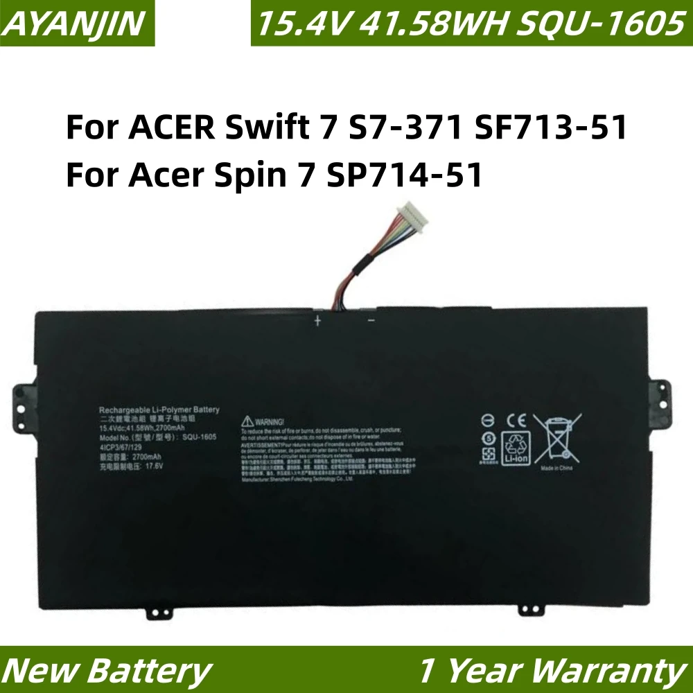 Bateria do portátil para ACER, Swift 7, S7-371, SF713-51, Acer Spin 7, SP714-51, SQU-1605, 15.4V,. 58WH, 2700mAh, 41 CP3, 67, 129