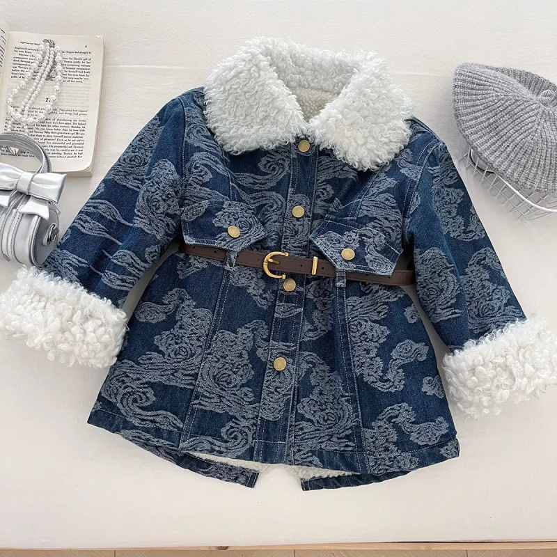 

2025Winter Girls Baby Lamb Wool Denim Dress Long Sleeve Slim Fit Fleece-Lined Denim Dress