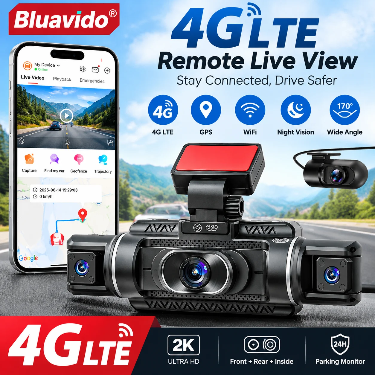 4-Kanal 4G LTE Dashcam 1440P Vorne, Dreifach 1080P Hinten, Auto-Kamera mit Fernüberwachung, Nachtsicht, GPS, ADAS, BSD, WLAN, Videoaufzeichnung